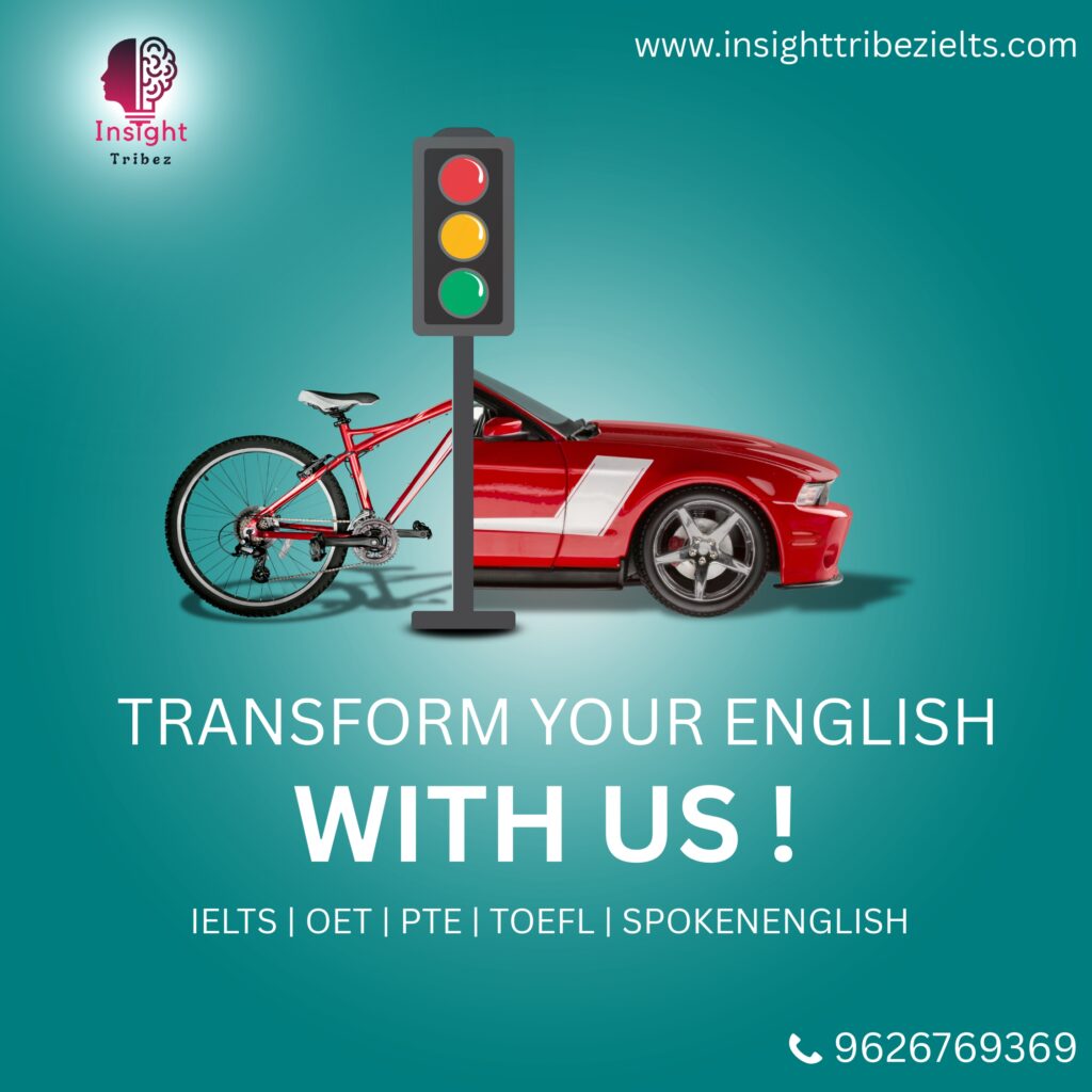 Insight Tribez English Coaching – Cycle to Car Transformation Visual for IELTS, OET, PTE, TOEFL, and Spoken English Courses